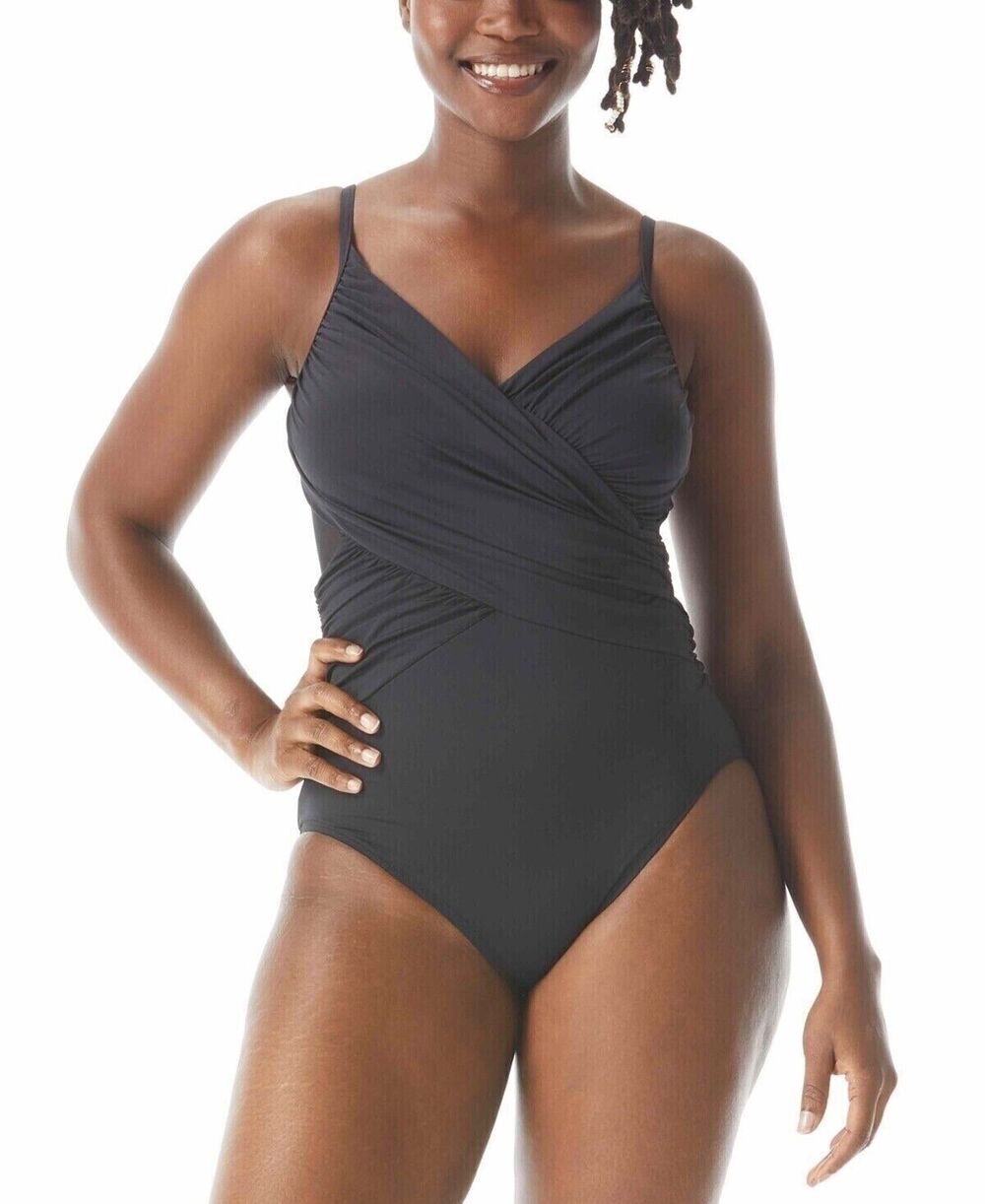 Contours Coco Reef Black Mesh One Piece Swimsuit Size 12 36 C/D Underwire New